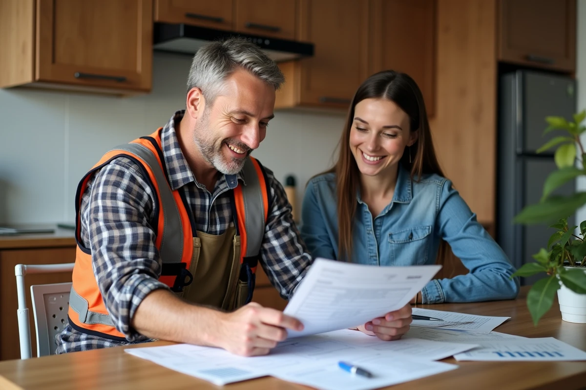 Homme menuisier discutant devis avec couple dans cuisine