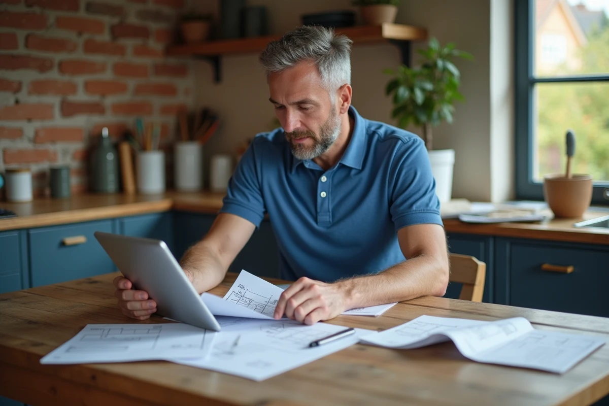 Homme consultant des devis de rénovation et un site d'estimation de prix de peinture sur tablette dans une cuisine rénovée