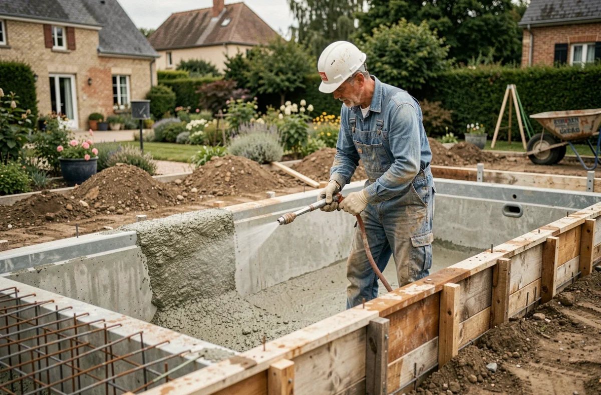 Maçon Diffazur appliquant du béton projeté sur une armature de piscine sur mesure dans un jardin en Auvergne