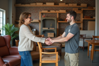 Femme donnant une chaise en bois à un bénévole souriant dans un centre de dons