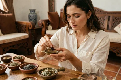 Femme dosant avec précaution un morceau de bakhour dans un brûleur en laiton traditionnel, dans un salon de style marocain