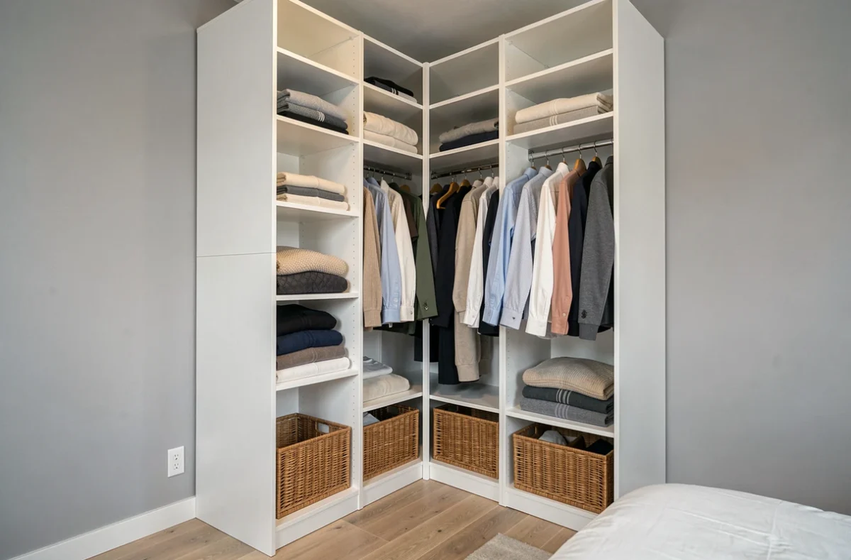 Dressing fonctionnel en panneaux blancs modulables de type Brico Dépôt, avec penderie, étagères et rangements en osier dans une chambre moderne