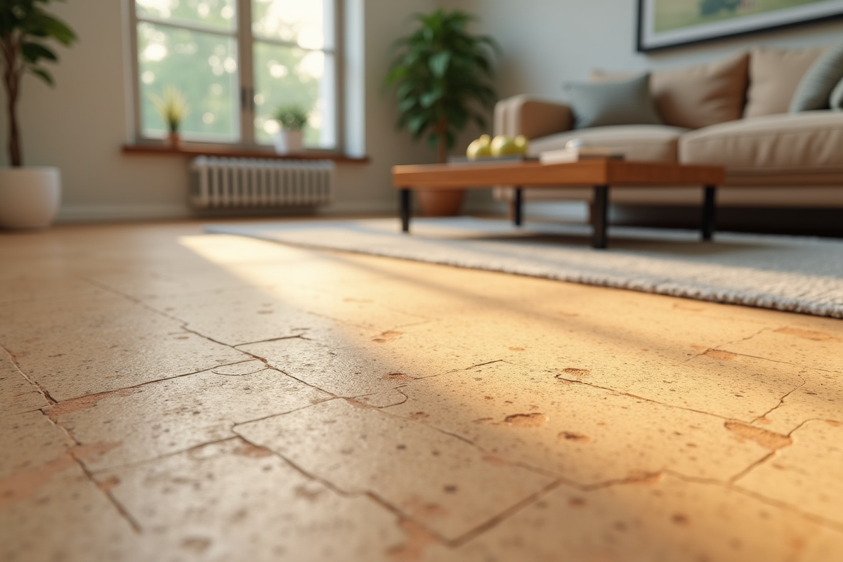 Zoom sur un parquet en liège usé dans un salon lumineux
