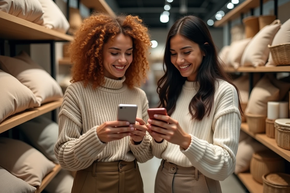 Deux femmes consultant une e-carte cadeau CSE sur smartphone en magasin de décoration