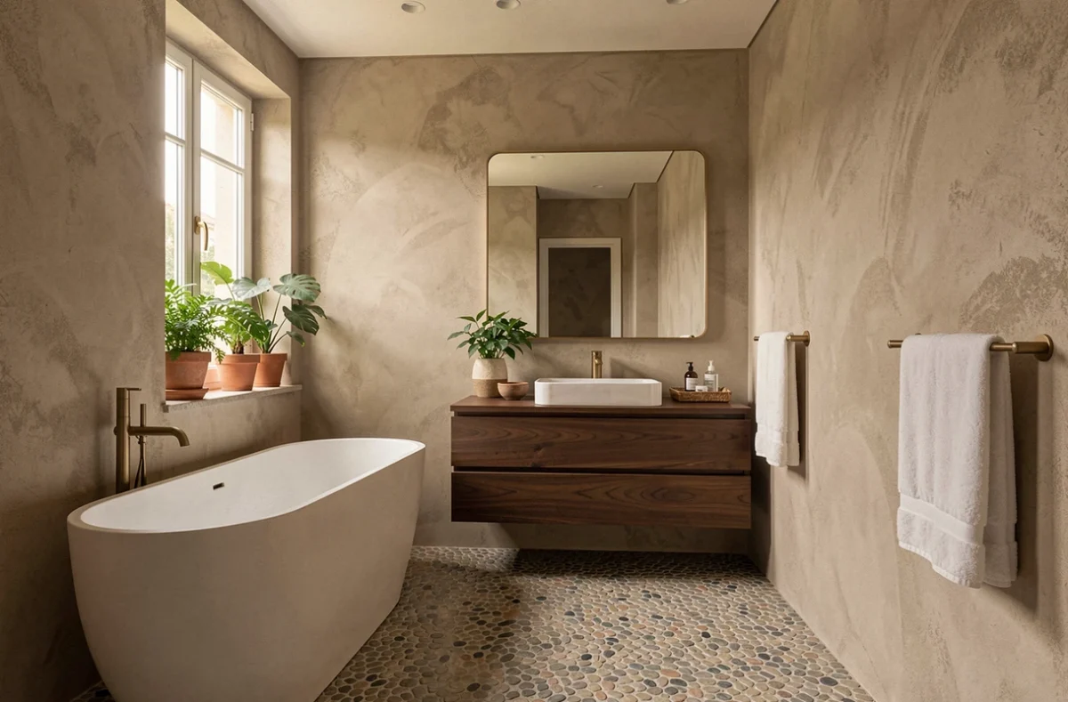 Salle de bain de luxe décorée et aménagée par Eden Rénovation avec baignoire îlot et meuble vasque en noyer à Nice