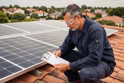 Électricien certifié inspectant une attestation Consuel sur un toit équipé de panneaux solaires photovoltaïques