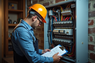 Electricien certifie inspectant un panneau électrique moderne dans une maison bien éclairée