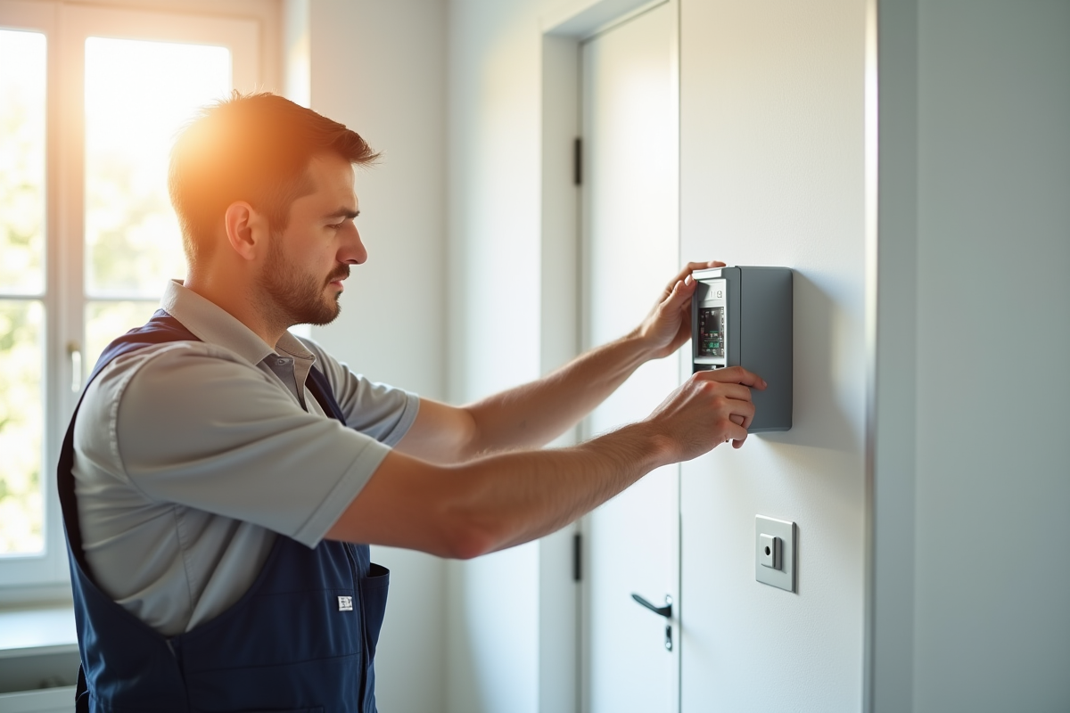 Électricien installant un compteur Linky dans une maison moderne