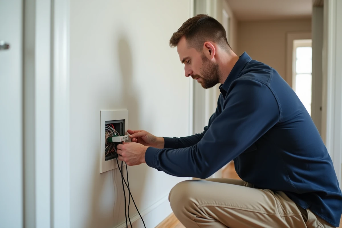 Électricien installant un module Yokis va-et-vient dans un boîtier encastré mural en couloir résidentiel
