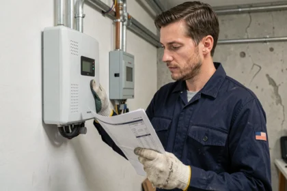 Électricien inspectant un onduleur solaire dans une salle technique résidentielle