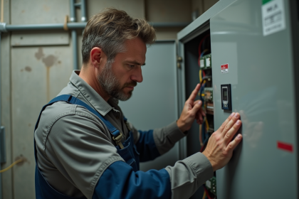 &Eacute;lectricien en travail examinant un panneau &eacute;lectrique humide