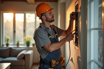 Électricien inspectant et remplaçant le câblage électrique dans un salon moderne