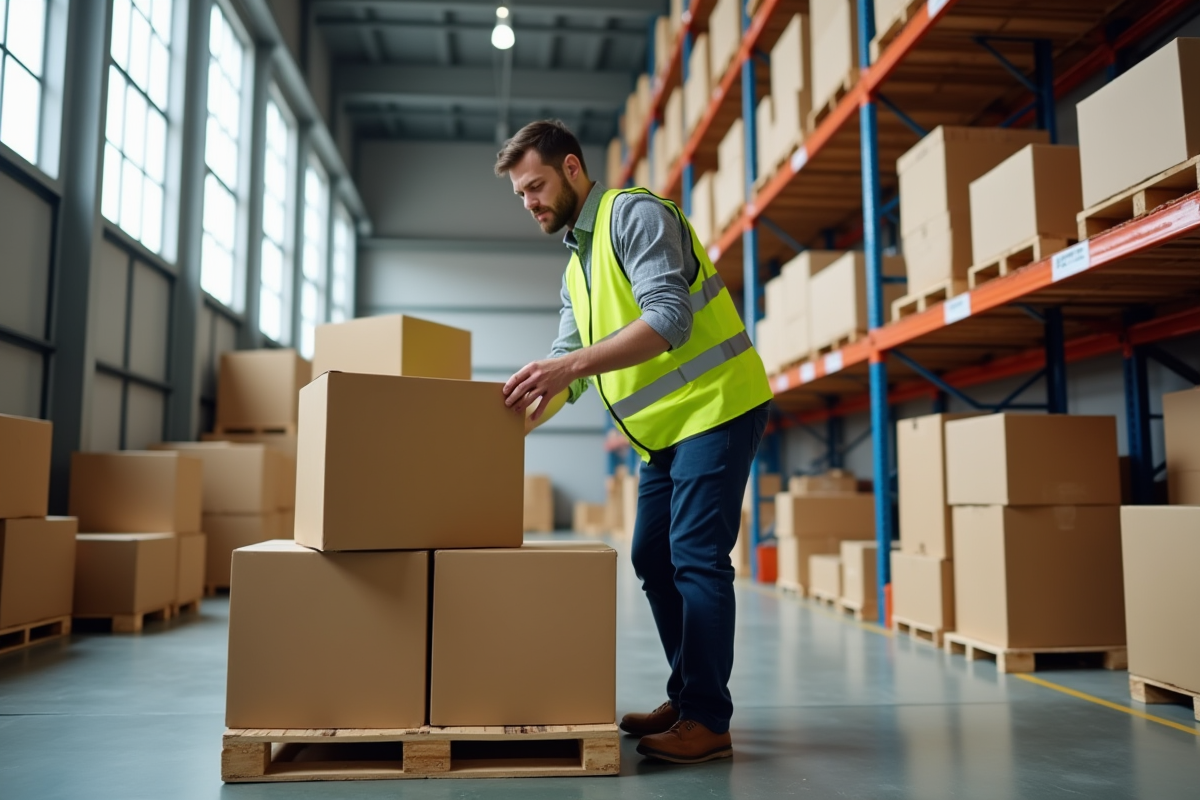Employé d'entrepôt empilant des cartons solides sur palette