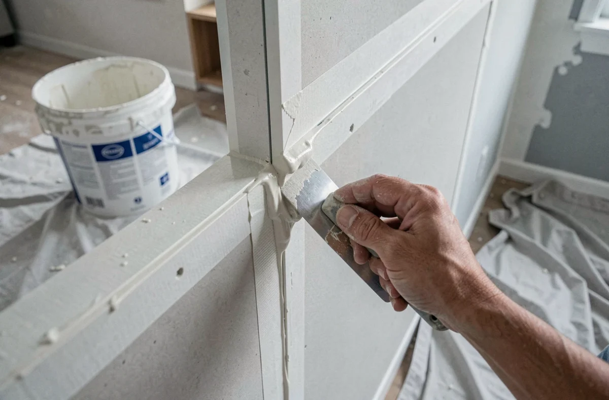 Application d'enduit de jointement sur les joints de plaques de plâtre lors d'une rénovation de cloison