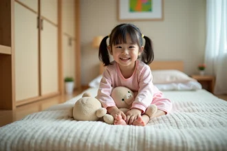 Fille souriante en pyjama pastel arrangeant son doudou sur un futon japonais