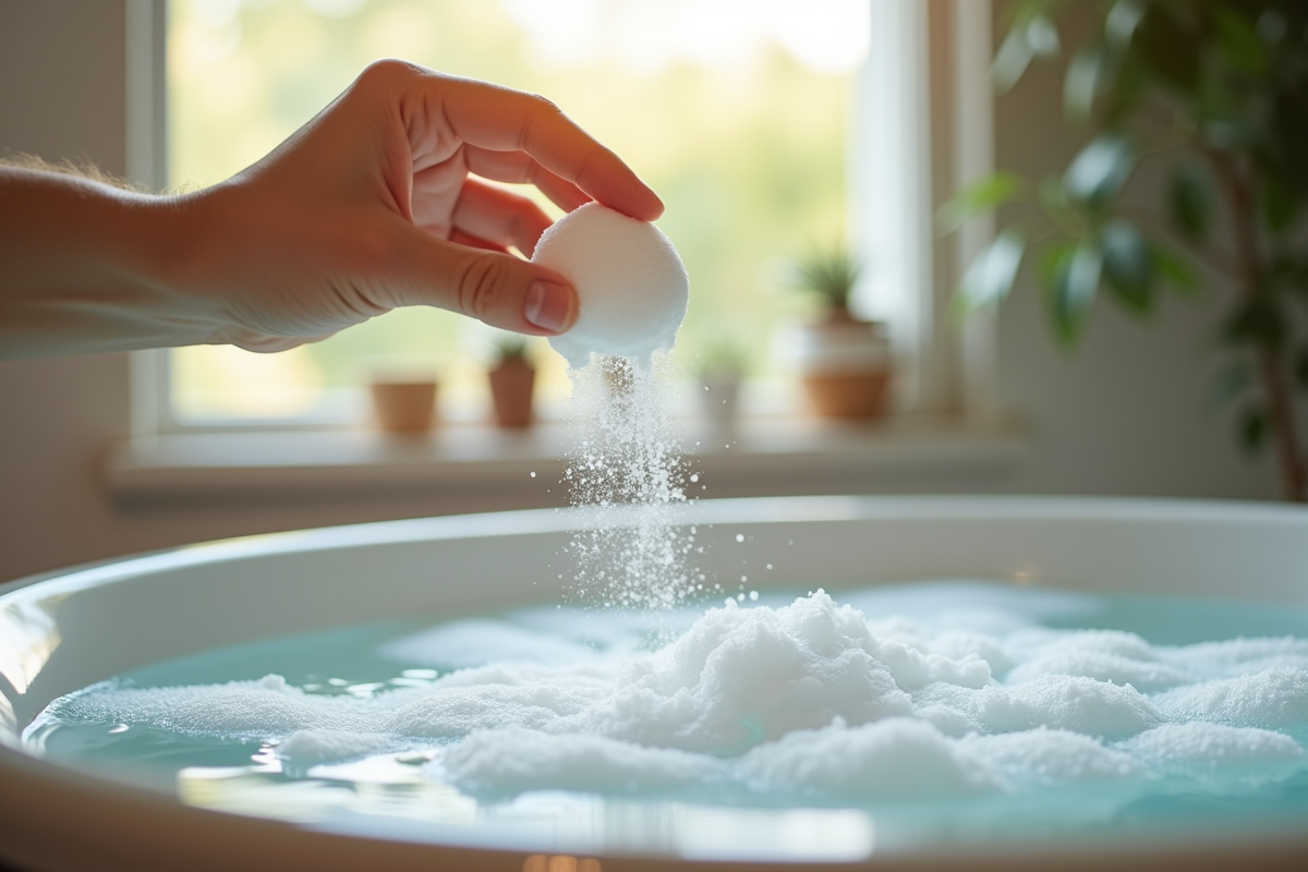 Main saupoudrant doucement du bicarbonate dans un spa maison apaisant