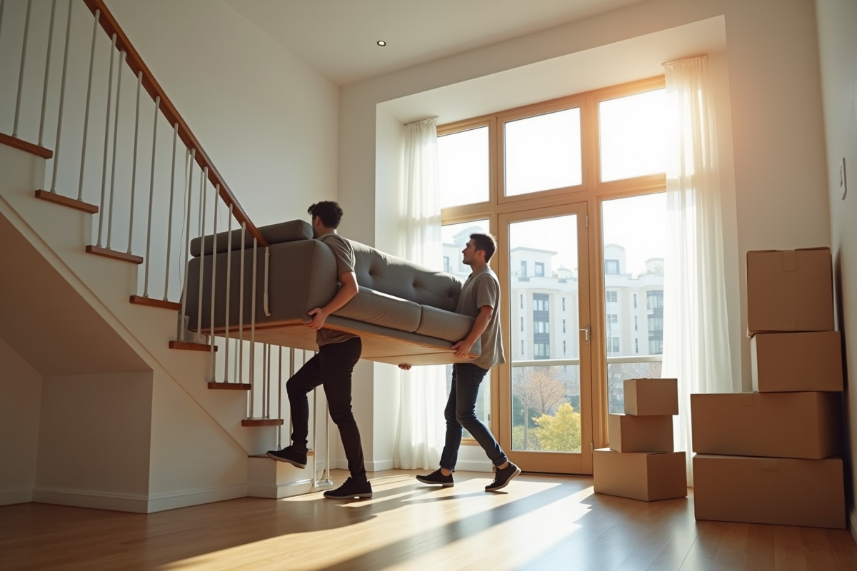 Equipe de déménageurs portant un grand canapé dans un appartement lumineux