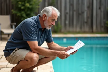 Propriétaire de piscine consultant un tableau de dosage chlore au bord de l'eau avec une expression dubitative