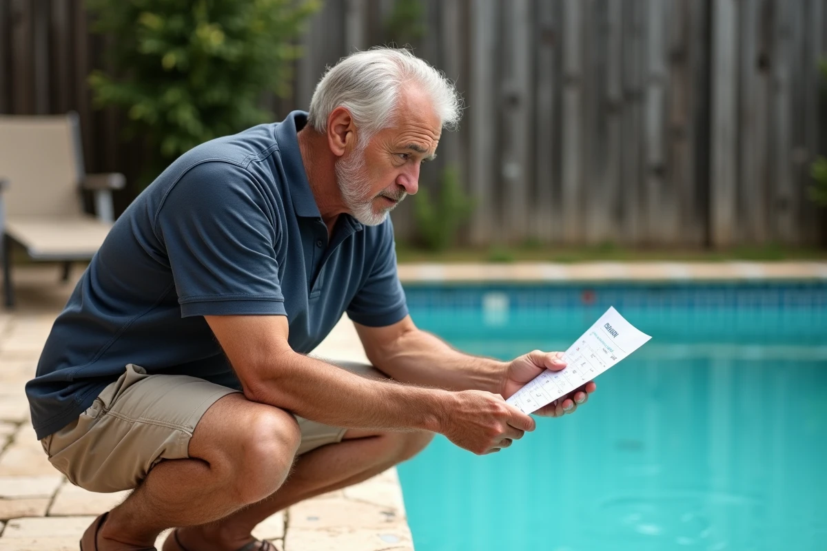 Propriétaire de piscine consultant un tableau de dosage chlore au bord de l'eau avec une expression dubitative