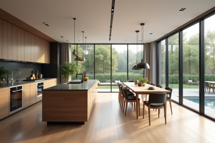 Salon moderne avec cuisine ouverte et îlot central lumineux