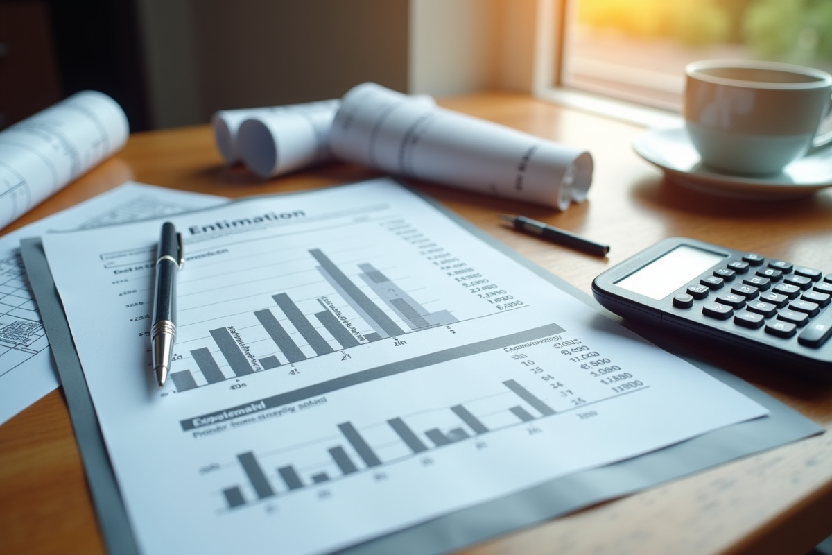 Devis de travaux avec plans et calculatrice sur bureau