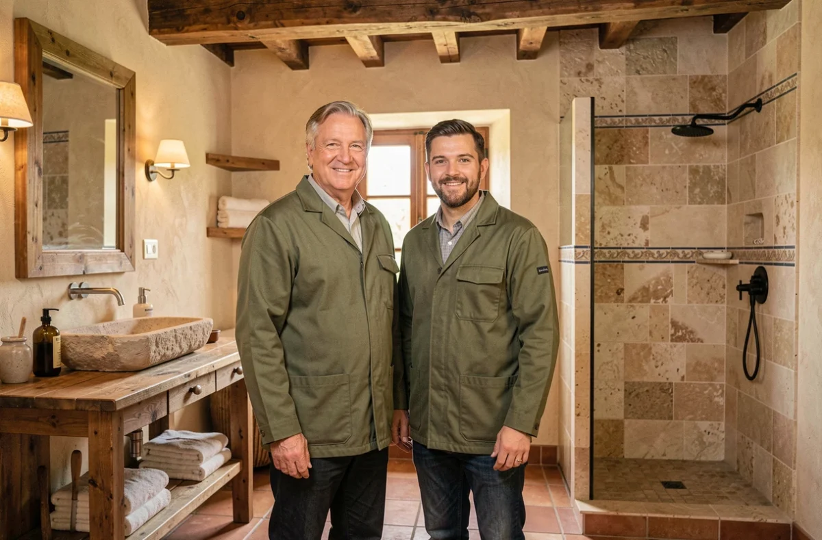 Père et fils de l'Établissement Millet Père et Fils posant devant une salle de bain agencée en style provençal avec tommettes et meuble en bois