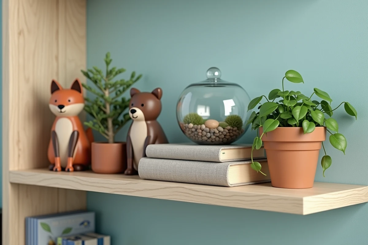 Étagère décorée pour chambre garçon avec figurines animaux, terrarium et plantes dans un style nature