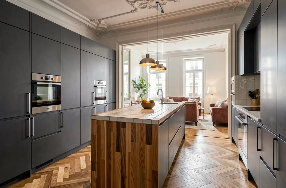 Cuisine Euro Cuisine installée dans un appartement bordelais avec caissons gris anthracite et îlot en bois