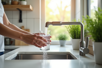 Evier de cuisine moderne avec filtre à eau et plante verte