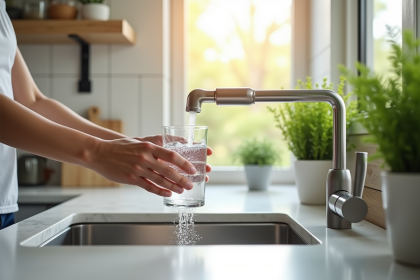 Evier de cuisine moderne avec filtre à eau et plante verte