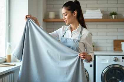 Femme examinant un drap blanc devenu gris dans une buanderie pour identifier les taches de jaunissement avant nettoyage