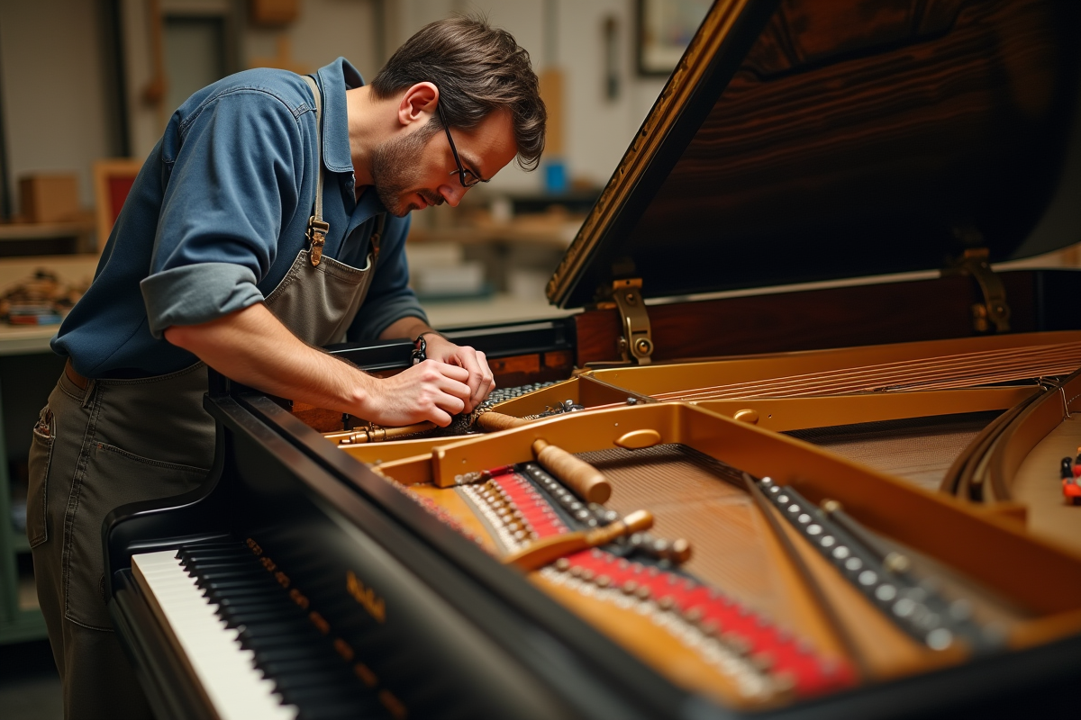 Artisan de piano à queue en atelier lumineux