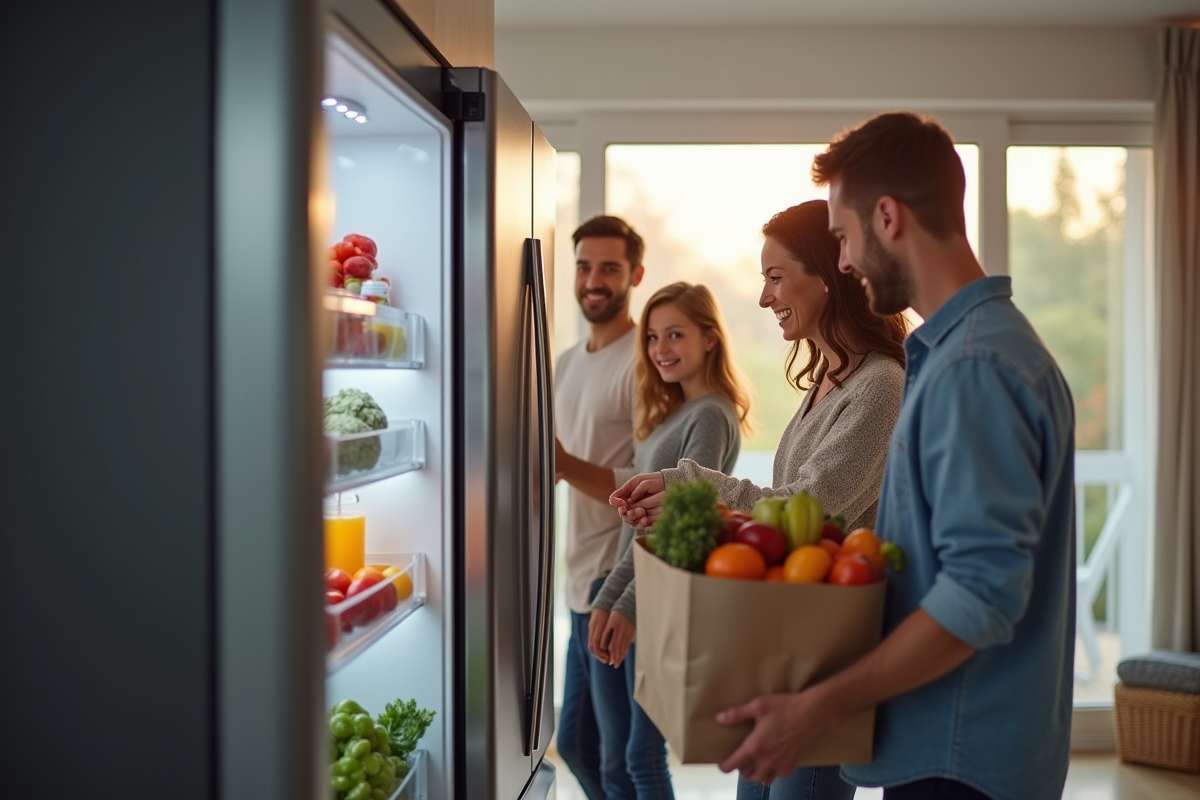 Famille souriante chargeant un réfrigérateur design dans une maison moderne