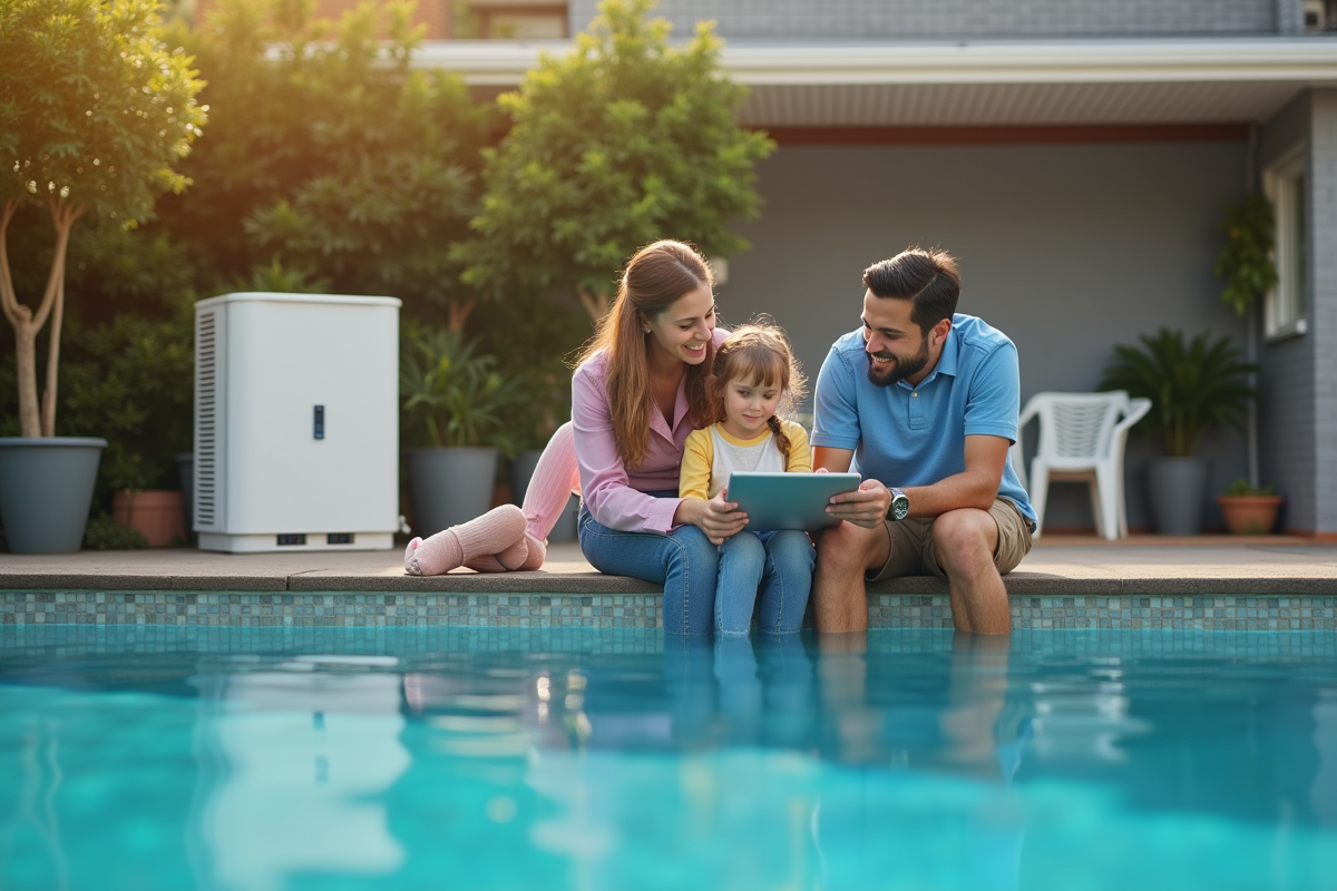 Famille vérifiant leur facture d énergie près de la piscine