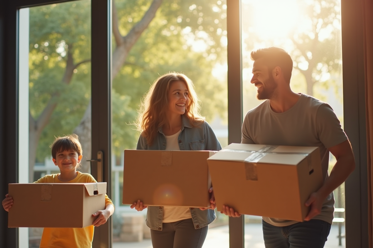Famille heureuse portant des cartons dans un appartement lumineux