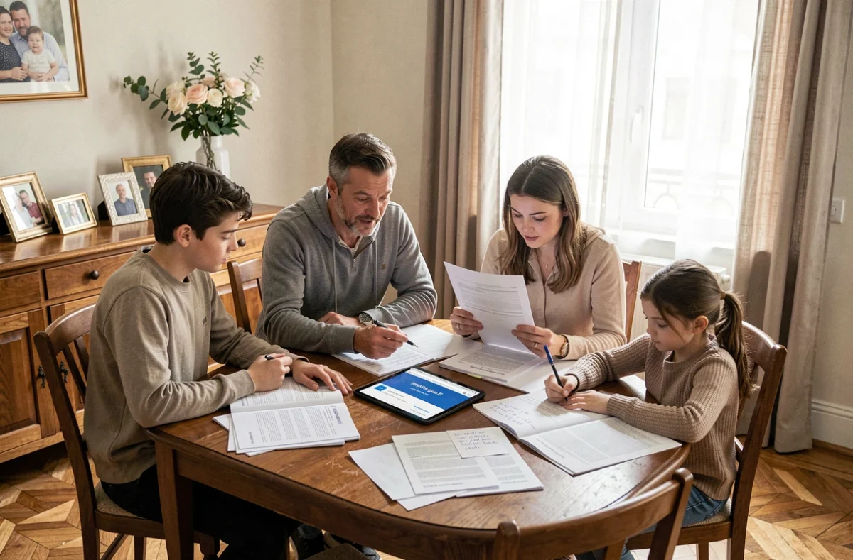 Famille française réunie autour de la table pour comprendre la notion de foyer fiscal lors de la préparation de la déclaration de revenus 2026