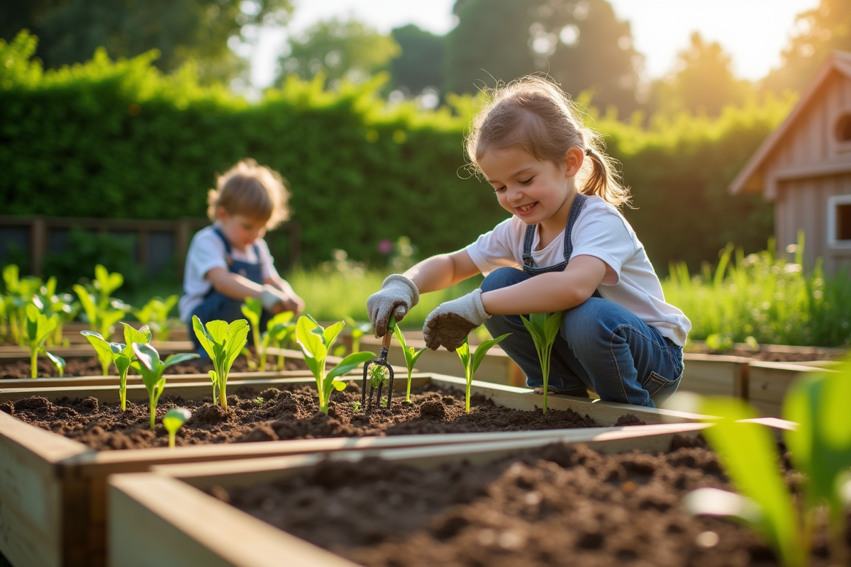 Famille plantant jeunes légumes dans des bacs en bois sous un ciel clair