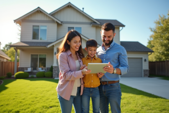 Famille souriante devant une maison moderne en rénovation