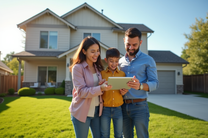 Famille souriante devant une maison moderne en rénovation
