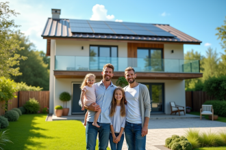 Famille devant leur maison renovée avec panneaux solaires et jardin