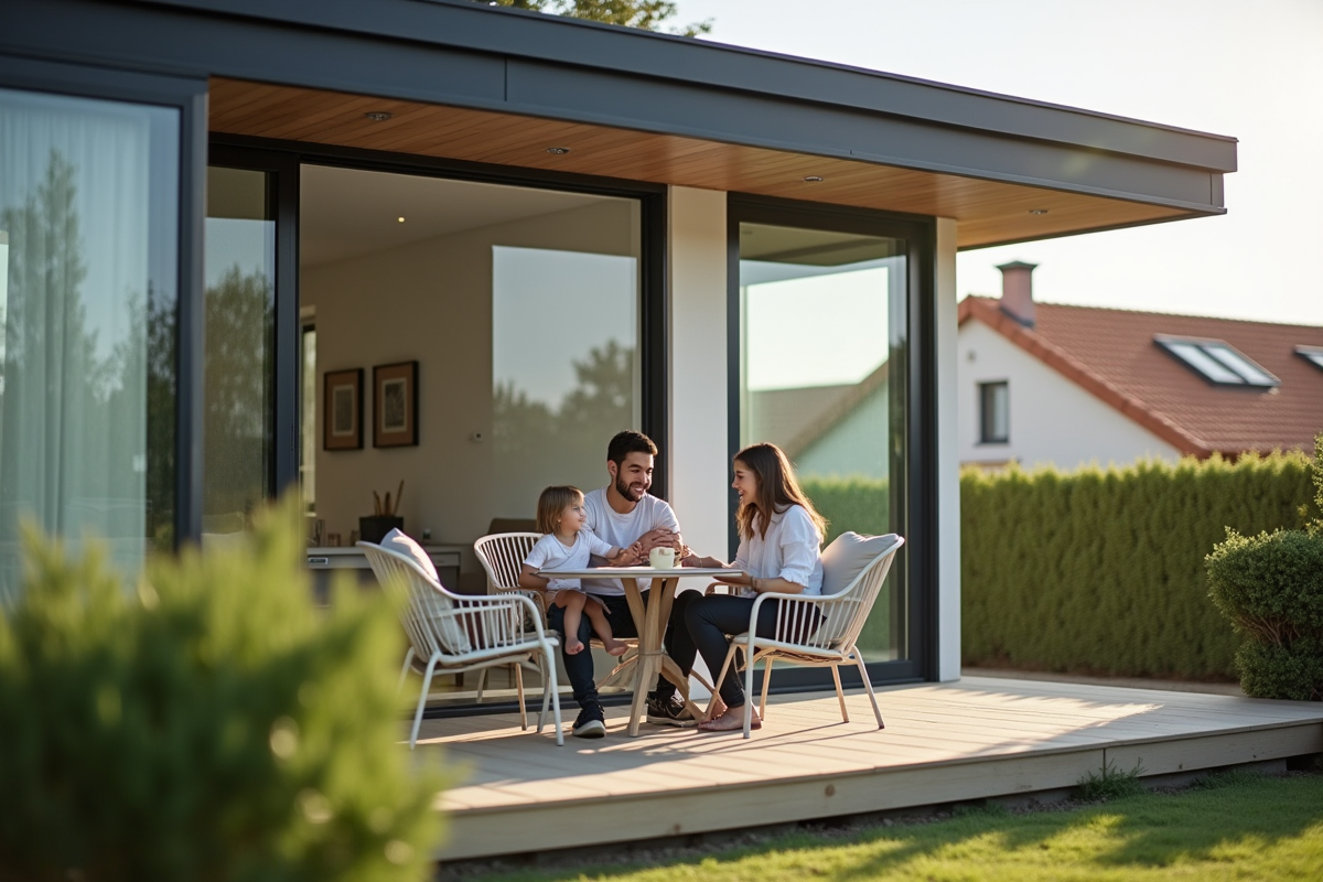 Famille relaxant dans veranda minimaliste lumineuse