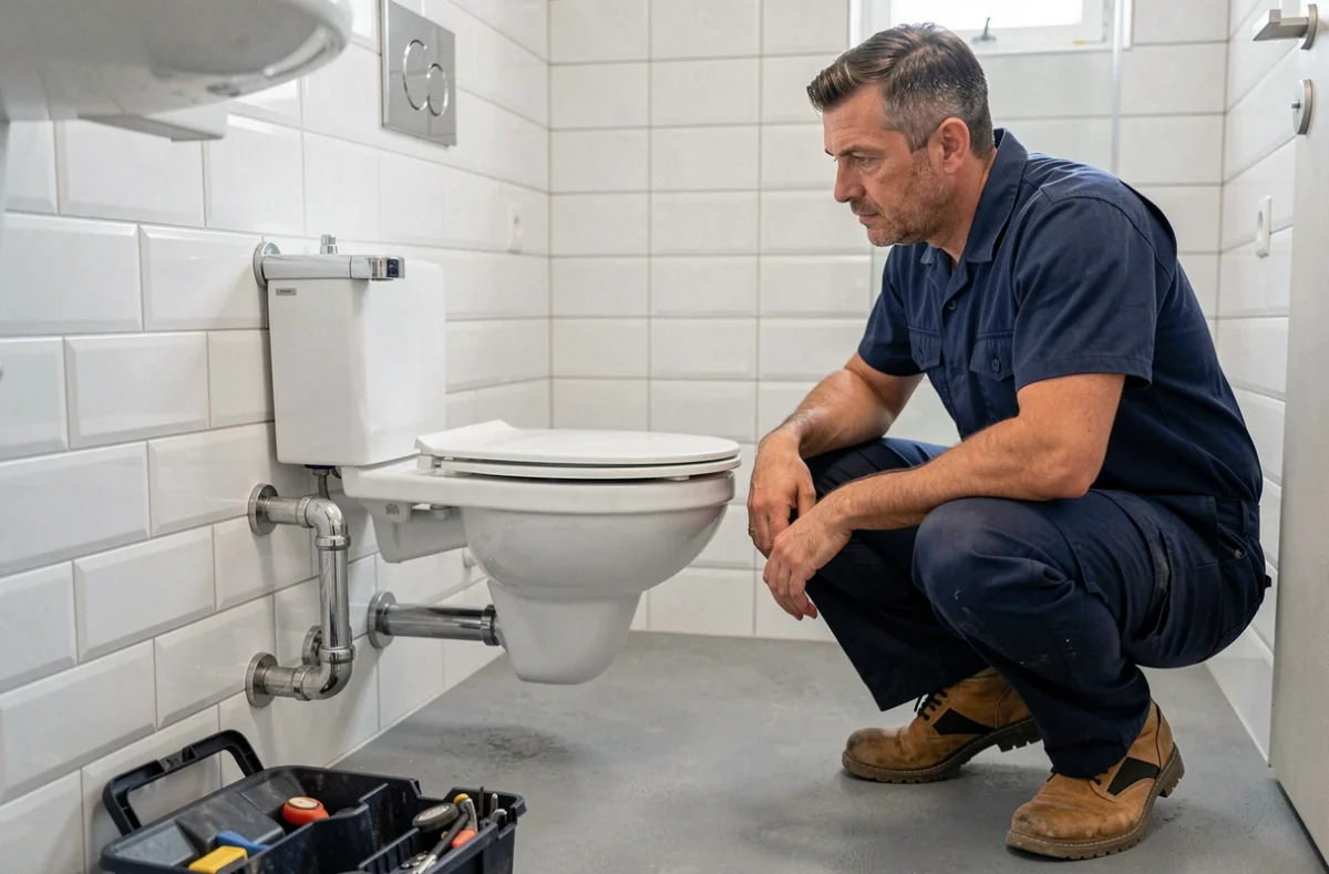 Plombier professionnel installant des équipements sanitaires dans une salle de bain à Toulon pour FC Plomberie Fahmi Cherif