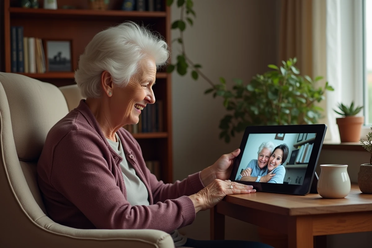 Une femme âgée souriante devant un cadre photo connecté dans son salon, illustrant l'usage familial d'un cadre numérique pour les seniors