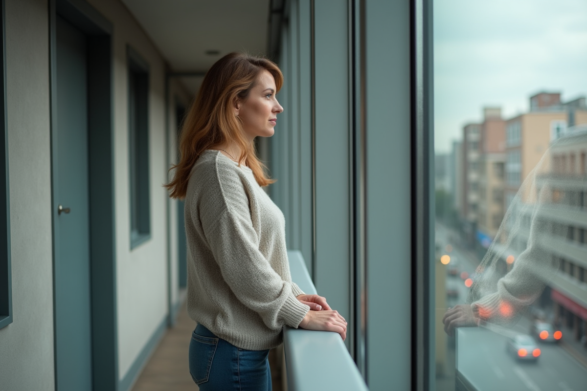Femme d'âge moyen dans un appartement moderne regardant la ville