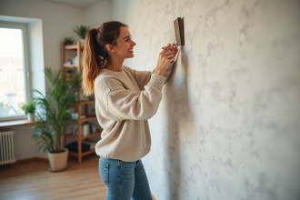 Femme souriante appliquant du papier peint dans un salon