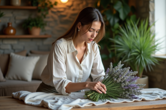 Femme arrangeant un bouquet de fleurs protectrices dans un intérieur chaleureux