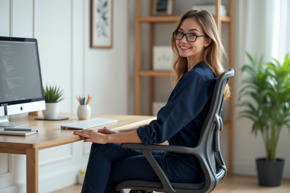 Jeune femme de bureau ajuste sa chaise ergonomique dans un espace minimaliste