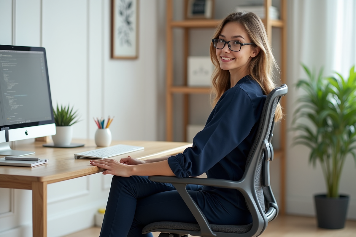 Jeune femme de bureau ajuste sa chaise ergonomique dans un espace minimaliste