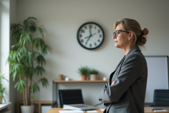 Femme d affaires regardant une horloge dans un bureau moderne