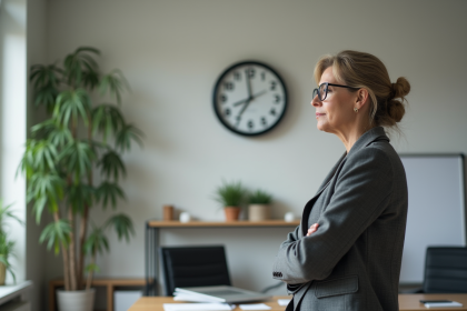 Femme d affaires regardant une horloge dans un bureau moderne
